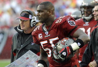 TAMPA, FL - NOVEMBER 30: Linebacker Derrick Brooks #55 of the Tampa Bay Buccaneers watches play against the New Orleans Saints at Raymond James Stadium on November 30, 2008 in Tampa, Florida.  (Photo by Al Messerschmidt/Getty Images) 