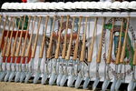 MIAMI - JULY 18:  Shovels and hard hats stand by for members of the groundbreaking ceremony for the Florida Marlins baseball team's new stadium on July 18, 2009 in Miami, Florida. The park is scheduled to open in 2012 and the team intends to change its name to the Miami Marlins prior to the completion of the ballpark.  (Photo by Marc Serota/Getty Images)
