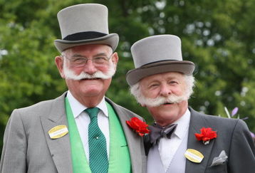 ASCOT, ENGLAND - JUNE 17:  Two men with handlebar moustaches pose for photographs on the second day of Royal Ascot 2009 at Ascot Racecourse on June 17, 2009 in Ascot, England.  (Photo by Chris Jackson/Getty Images)