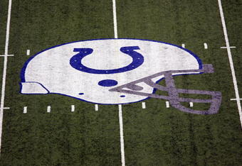 INDIANAPOLIS - SEPTEMBER 21:  The Indianapolis Colts logo at the 50-yard line on September 21, 2008 at Lucas Oil Stadium in Indianapolis, Indiana.  (Photo by Ronald Martinez/Getty Images)