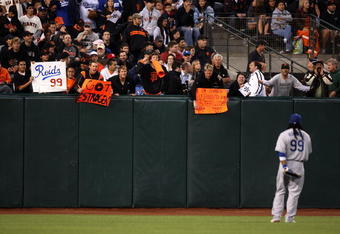 SAN FRANCISCO - AUGUST 10:  Manny Ramirez #99 of the Los Angeles Dodgers stands in the outfield against the San Francisco Giants during a Major League Baseball game at AT&T Park on August 10, 2009 in San Francisco, California.  (Photo by Jed Jacobsohn/Getty Images)
