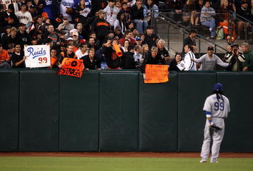 SAN FRANCISCO - AUGUST 10:  Manny Ramirez #99 of the Los Angeles Dodgers stands in the outfield against the San Francisco Giants during a Major League Baseball game at AT&T Park on August 10, 2009 in San Francisco, California.  (Photo by Jed Jacobsohn/Getty Images)