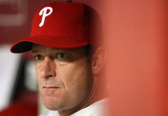 PHOENIX - JULY 29:  Pitcher Jamie Moyer#50 of the Philadelphia Phillies sits in the dugout during the major league baseball game against Arizona Diamondbacks at Chase Field on July 29, 2009 in Phoenix, Arizona.  The Diamondbacks defeated the Phillies 4-0.  (Photo by Christian Petersen/Getty Images)