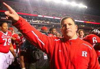 PISCATAWAY, NJ - DECEMBER 04:  Greg Schiano head coach of the Rutgers Scarlet Knights celebrates victory over the Louisville Cardinals at Rutgers Stadium on December 4, 2008 in Piscataway, New Jersey.  (Photo by Jim McIsaac/Getty Images)
