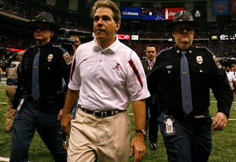 NEW ORLEANS - JANUARY 02:  Head coach Nick Saban of the Alabama Crimson Tide walks off the field after the Utah Utes defeated the Crimson Tide 31-17 in the 75th Allstate Sugar Bowl at the Louisiana Superdome on January 2, 2009 in New Orleans, Louisiana. The Utes defeated the Crimson Tide 31-17.  (Photo by Kevin C. Cox/Getty Images)