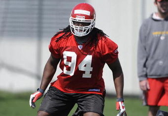 KANSAS CITY, MO - MAY 9:  First round draft choice Tyson Jackson #94 of the Kansas City Chiefs goes through a drill during rookie minicamp at the Chiefs practice facility on May 9, 2009 in Kansas City, Missouri. (Photo by G. Newman Lowrance/Getty Images)
