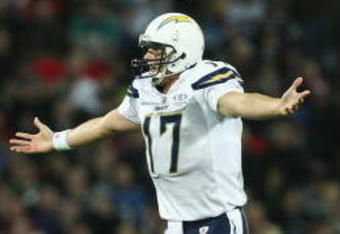 LONDON - OCTOBER 26:  Philip Rivers of the San Diego Chargers makes his point to a match official during the Bridgestone International Series NFL match between San Diego Chargers and New Orleans Saints at Wembley Stadium on October 26, 2008 in London, England.  (Photo by Nick Laham/Getty Images)