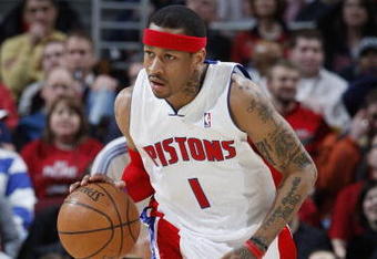 CLEVELAND - FEBRUARY 22:  Allen Iverson #1 of the Detroit Pistons brings the ball up court against the Cleveland Cavaliers on February 22, 2009 at the Quicken Loans Arena in Cleveland, Ohio. Cleveland won the game 99-78. NOTE TO USER: User expressly acknowledges and agrees that, by downloading and or using this photograph, User is consenting to the terms and conditions of the Getty Images License Agreement.  (Photo by Gregory Shamus/Getty Images)