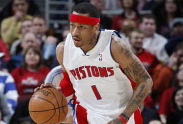 CLEVELAND - FEBRUARY 22:  Allen Iverson #1 of the Detroit Pistons brings the ball up court against the Cleveland Cavaliers on February 22, 2009 at the Quicken Loans Arena in Cleveland, Ohio. Cleveland won the game 99-78. NOTE TO USER: User expressly acknowledges and agrees that, by downloading and or using this photograph, User is consenting to the terms and conditions of the Getty Images License Agreement.  (Photo by Gregory Shamus/Getty Images)