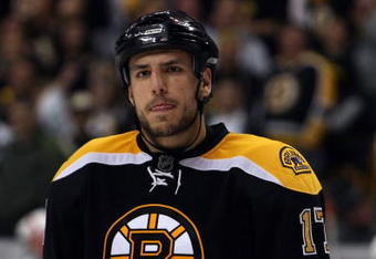 BOSTON - MAY 14:  Milan Lucic #17 of the Boston Bruins looks on before a face off against the Carolina Hurricanes during Game Seven of the Eastern Conference Semifinal Round of the 2009 Stanley Cup Playoffs on May 14, 2009 at the TD Banknorth Garden in Boston, Massachusetts. The Hurricanes defeated the Bruins 3-2 in overtime. (Photo by Elsa/Getty Images)