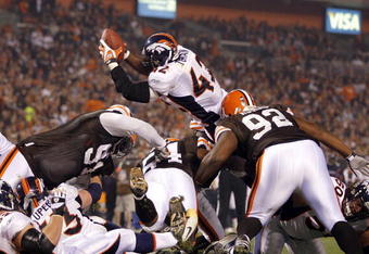 CLEVELAND - NOVEMBER 06:  Ryan Torain #42 of the Denver Broncos scores a touchdown against the Cleveland Browns during the first quarter of their NFL game at Cleveland Browns Stadium November 6, 2008 in Cleveland, Ohio.  (Photo by Matt Sullivan/Getty Images)