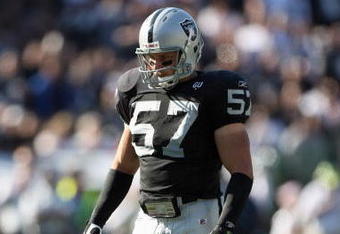 OAKLAND, CA - OCTOBER 19:  Ricky Brown #57 of the Oakland Raiders looks on during the game against the New York Jets on October 19, 2008 at the Oakland-Alameda County Coliseum in Oakland, California. (Photo by Jed Jacobsohn/Getty Images)