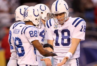 SAN DIEGO - JANUARY 03:  Wide receiver Marvin Harrison #88 of the Indianapolis Colts warms up with quaterback Peyton Manning #18 prior to the AFC Wild Card Game against the San Diego Chargers on January 3, 2009 at Qualcomm Stadium in San Diego, California.  (Photo by Stephen Dunn/Getty Images)