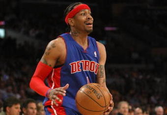 LOS ANGELES, CA - NOVEMBER 14:  Allen Iverson #1 of the Detroit Pistons dribbles the ball against the Los Angeles Lakers on November 14, 2008 at Staples Center in Los Angeles, California.   NOTE TO USER: User expressly acknowledges and agrees that, by downloading and/or using this Photograph, user is consenting to the terms and conditions of the Getty Images License Agreement.  (Photo by Stephen Dunn/Getty Images)