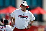 TAMPA, FL - AUGUST 01: Defensive coordinator Jim Bates of the Tampa Bay Buccaneers watches the team during Training Camp at One Buccaneer Place on August 1, 2009 in Tampa, Florida. (Photo by J. Meric/Getty Images)