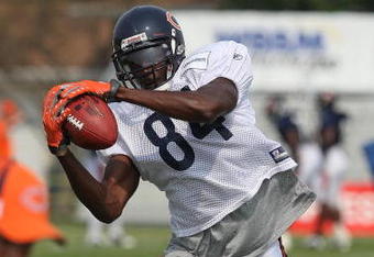 BOURBONNAIS, IL - AUGUST 04: Brandon Rideau #84 of the Chicago Bears catches a pass during a training camp practice on August 4, 2009 at Olivet Nazarene University in Bourbonnais, Illinois. (Photo by Jonathan Daniel/Getty Images)