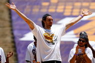 LOS ANGELES, CA - JUNE 17:  Pau Gasol (L) and Sasha Vujacic of the Los Angeles Lakers celebrate on stage during the 2009 NBA Championship Victory Parade at the Los Angeles Memorial Coliseum on June 17, 2009 in Los Angeles, California.  (Photo by Jeff Gross/Getty Images)