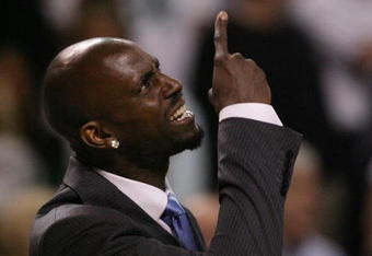 BOSTON - MAY 04:  Kevin Garnett of the Boston Celtics reacts after a foul is called against a teammate in the fourth quarter against the Orlando Magic in Game One of the Eastern Conference Semifinals during the 2009 NBA Playoffs at TD Banknorth Garden on May 4, 2009 in Boston, Massachusetts. The Magic defeated the Celtics 95-90. NOTE TO USER: User expressly acknowledges and agrees that, by downloading and or using this photograph, User is consenting to the terms and conditions of the Getty Images License Agreement.  (Photo by Elsa/Getty Images)