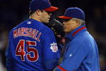 LOS ANGELES, CA - OCTOBER 04:  Manager Lou Piniella of the Chicago Cubs takes out pitcher Sean Marshall #45 while taking on the Los Angeles Dodgers in Game Three of the NLDS during the 2008 MLB playoffs on October 4, 2008 at Dodger Stadium in Los Angeles, California.  (Photo by Jeff Gross/Getty Images)