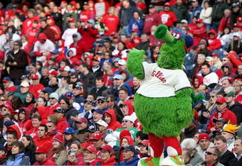 PHILADELPHIA - APRIL 08:  The Phillies mascot, The Fanatic, entertains the fans during the game between the Atlanta Braves and the Philadelphia Phillies at Citizens Bank Park on April 8, 2009 in Philadelphia, Pennsylvania.  (Photo by Nick Laham/Getty Images)