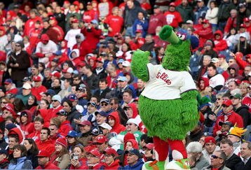 PHILADELPHIA - APRIL 08:  The Phillies mascot, The Fanatic, entertains the fans during the game between the Atlanta Braves and the Philadelphia Phillies at Citizens Bank Park on April 8, 2009 in Philadelphia, Pennsylvania.  (Photo by Nick Laham/Getty Images)