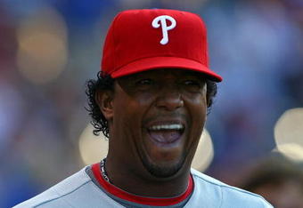 CHICAGO - AUGUST 12: Pedro Martinez #45 of the Philadelphia Phillies walks out to warm-up before a game against the Chicago Cubs on August 12, 2009 at Wrigley Field in Chicago, Illinois. (Photo by Jonathan Daniel/Getty Images)