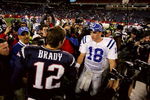 FOXBORO, MA - NOVEMBER 07:  Peyton Manning #18 of the Indianapolis Colts shakes hands with Tom Brady #12 of the New England Patriots after the Colts defeated the Patriots 40-21 at Gillette Stadium on November 7, 2005 in Foxboro, Massachusetts.  (Photo by Travis Lindquist/Getty Images)