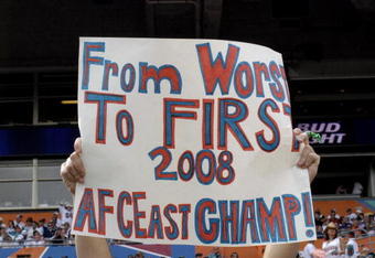 MIAMI, FL - JANUARY 4:  A fan of the Miami Dolphins celebrates a playoff season against the Baltimore Ravens in an NFL Wildcard Playoff Game at Dolphins Stadium on January 4, 2009 in Miami, Floirda.  (Photo by Al Messerschmidt/Getty Images)