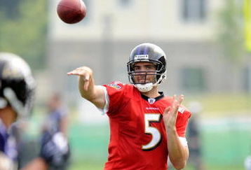 WESTMINSTER, MD - JULY 28:  Joe Flacco #5 of the Baltimore Ravens throws a pass during training camp at McDaniel College on July 28, 2009 in Westminster, Maryland.  (Photo by Greg Fiume/Getty Images)