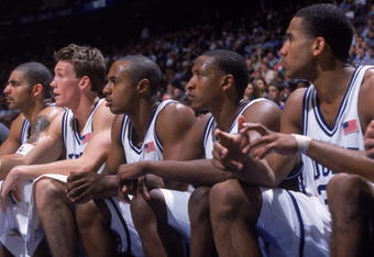 18 Dec 2001:  Jason Williams #22 of the Duke Blue Devils sits with the Duke starters during the college basketball game against the Kentucky Wildcats, part of the Jimmy V Classic at Continental Airlines Arena in East Rutherford, New Jersey.  Duke edged Kentucky 95-92.Mandatory Credit:  Jamie Squire /Getty Images