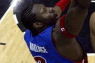 SAN ANTONIO - JUNE 23:  Robert Horry #5 of the San Antonio Spurs goes to the basket over ben Wallace #3 of the Detroit Pistons in the first quarter of Game seven of the 2005 NBA Finals at SBC Center on June 23, 2005 in San Antonio, Texas.  NOTE TO USER: User expressly acknowledges and agrees that, by downloading and/or using this Photograph, user is consenting to the terms and conditions of the Getty Images License Agreement  (Photo by Jeff Haynes-Pool/Getty Images)