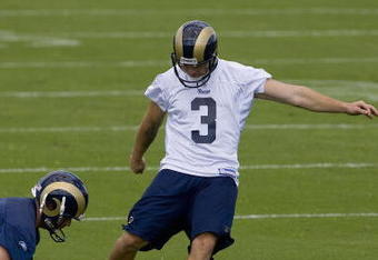 ST. LOUIS - JULY 31:  Josh Brown #3 of the St. Louis Rams practices place kicking during training camp at the Russell Athletic Training Facility on July 31, 2009 in St. Louis, Missouri.  (Photo by Dilip Vishwanat/Getty Images)