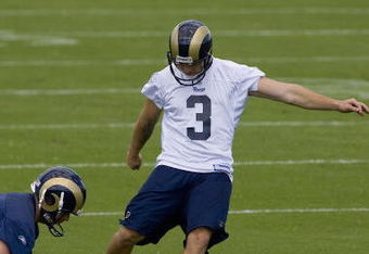 ST. LOUIS - JULY 31:  Josh Brown #3 of the St. Louis Rams practices place kicking during training camp at the Russell Athletic Training Facility on July 31, 2009 in St. Louis, Missouri.  (Photo by Dilip Vishwanat/Getty Images)