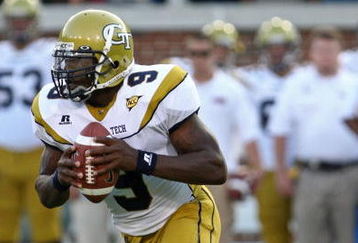ATLANTA - AUGUST 28:  Quarterback Josh Nesbitt #9 of the Georgia Tech Yellow Jackets looks to run upfield during the game against the Jacksonville State Gamecocks at Bobby Dodd Stadium at Historic Grant Field on August 28, 2008 in Atlanta, Georgia.  The Yellow Jackets beat the Gamecocks 41-14.  (Photo by Mike Zarrilli/Getty Images)