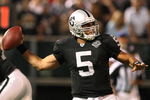 OAKLAND, CA - AUGUST 13:  Bruce Gradkowski #5 of the Oakland Raiders passes against the Dallas Cowboys during the preseason game at Oakland-Alameda County Coliseum on August 13, 2009 in Oakland, California.  (Photo by Jed Jacobsohn/Getty Images)