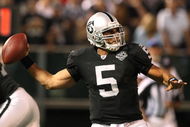 OAKLAND, CA - AUGUST 13:  Bruce Gradkowski #5 of the Oakland Raiders passes against the Dallas Cowboys during the preseason game at Oakland-Alameda County Coliseum on August 13, 2009 in Oakland, California.  (Photo by Jed Jacobsohn/Getty Images)
