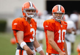 BEREA, OH - AUGUST 07:  Brady Quinn #10 of the Cleveland Browns talks with Derek Anderson #3 during training camp at the Cleveland Browns Training and Administrative Complex on August 7, 2009 in Berea, Ohio.  (Photo by Gregory Shamus/Getty Images)