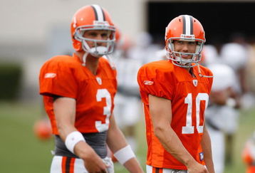 BEREA, OH - AUGUST 07:  Brady Quinn #10 of the Cleveland Browns talks with Derek Anderson #3 during training camp at the Cleveland Browns Training and Administrative Complex on August 7, 2009 in Berea, Ohio.  (Photo by Gregory Shamus/Getty Images)