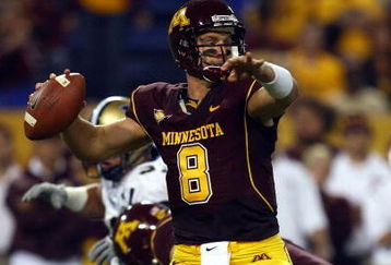 MINNEAPOLIS - SEPTEMBER 13:  Quarterback Adam Weber #8 of the Minnesota Golden Gophers drops back to pass against the Montana State Bobcats at the Metrodome on September 13, 2008 in Minneapolis, Minnesota.  (Photo by Jeff Gross/Getty Images)