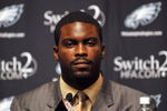 PHILADELPHIA - AUGUST 14: Michael Vick of the Philadelphia Eagles speaks at a press conference at the NovaCare Complex on August 14, 2009 in Philadelphia, Pennsylvania. Vick signed a one-year contract, with a second year option, with the Eagles.  (Photo by Larry French/Getty Images)