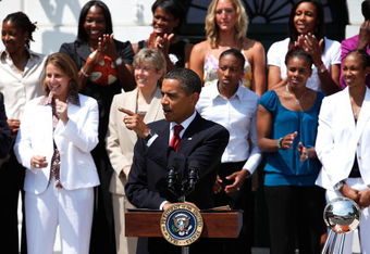 WASHINGTON - JULY 27:  U.S. President Barack Obama speaks as he hosts the Detroit Shock at the South Portico of the White House July 27, 2009 in Washington, DC. The President hosted the Detroit Shock in honor their 2008 WNBA championship season.  (Photo by Alex Wong/Getty Images)