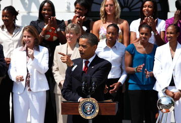 WASHINGTON - JULY 27:  U.S. President Barack Obama speaks as he hosts the Detroit Shock at the South Portico of the White House July 27, 2009 in Washington, DC. The President hosted the Detroit Shock in honor their 2008 WNBA championship season.  (Photo by Alex Wong/Getty Images)