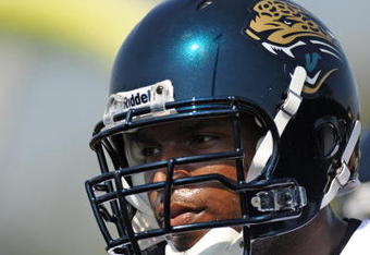 JACKSONVILLE, FL - MAY 1:  Tackle Eugene Monroe #75 of the Jacksonville Jaguars sets for play May 1, 2009 at a team minicamp near Jacksonville Municipal Stadium in Jacksonville, Florida.  (Photo by Al Messerschmidt/Getty Images)