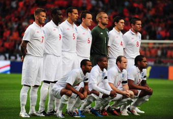 AMSTERDAM, NETHERLANDS - AUGUST 12:  England line up during the International Friendly between Netherlands and England at the Amsterdam Arena on August 12, 2009 in Amsterdam, Netherlands.  (Photo by Mike Hewitt/Getty Images)