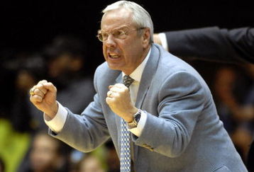 DURHAM, NC - FEBRUARY 07:  Coach Roy Williams of the North Carolina Tar Heels exorts his team to play defense in the final seconds against  the Duke University Blue Devils during their game on February 7, 2007 at Cameron Indoor Stadium in Durham, North Carolina.  (Photo by Grant Halverson/Getty Images)