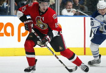 TORONTO - APRIL 11:  Dany Heatley #15 of the Ottawa Senators skates with the puck in a game against the Toronto Maple Leafs on April 11, 2009 at the Air Canada Centre in Toronto, Ontario. The Leafs defeated the Senators on the strength of a 3 goal performance by Boyd Devereaux #22. (Photo by Claus Andersen/Getty Images) 