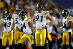 TAMPA, FL - FEBRUARY 01:  (L-R) Troy Polamalu #43, James Farrior #51, Ike Tayloer #24, Aaron Smith #91, Bryant McFadden #20 and Deshea Townsend #26 of the Pittsburgh Steelers get into position on defense against the Arizona Cardinals during Super Bowl XLIII on February 1, 2009 at Raymond James Stadium in Tampa, Florida. Steelers won 27-23. (Photo by Chris Graythen/Getty Images)