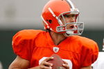 BEREA, OH - AUGUST 07:  Brady Quinn #10 of the Cleveland Browns drops back to pass during training camp at the Cleveland Browns Training and Administrative Complex on August 7, 2009 in Berea, Ohio.  (Photo by Gregory Shamus/Getty Images)