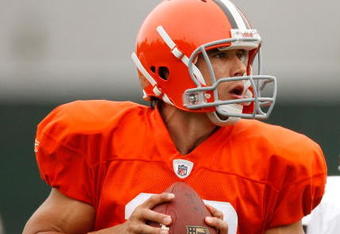 BEREA, OH - AUGUST 07:  Brady Quinn #10 of the Cleveland Browns drops back to pass during training camp at the Cleveland Browns Training and Administrative Complex on August 7, 2009 in Berea, Ohio.  (Photo by Gregory Shamus/Getty Images)