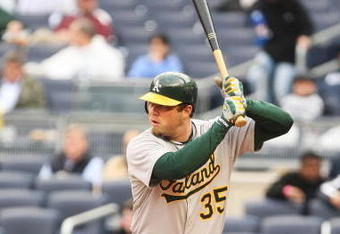 NEW YORK - APRIL 22: Landon Powell #35 of The Oakland Athletics in action against The New York Yankees during their game on April 22, 2009 at Yankee Stadium in the Bronx Borough of New York.  (Photo by Al Bello/Getty Images)